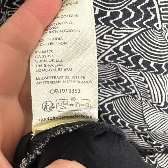 ANTHROPOLOGIE Linen Long Sleeve Collared Mini Dress Black White Sz L {Z36} - Picture 6 of 6